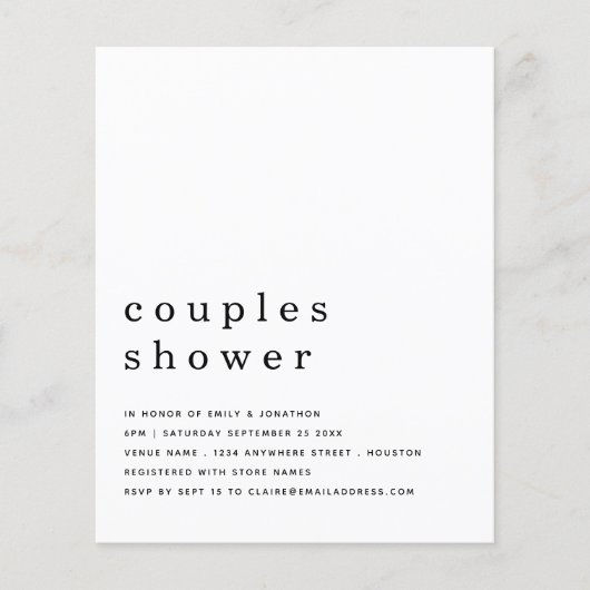 バジェットミニマル文字カップルシャワー招待状 (正面)