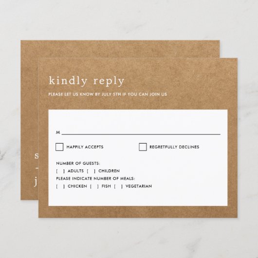 バジェットミニマル素朴リストフェイククラフトウェディングRSVP (正面/裏面)