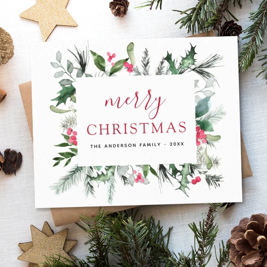 バジェットメリークリスマスグリーナリーレッドホリデーカード シーズンポストカード