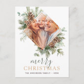 バジェットメリークリスマス金ゴールドグリーンリーフォトホリデー シーズンポストカード (正面)