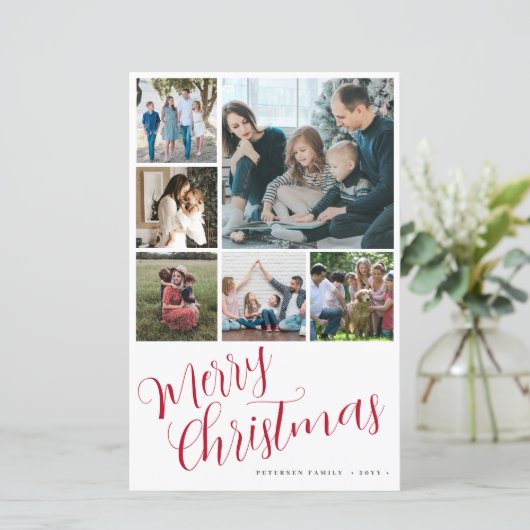 バジェットメリークリスマス6写真赤タイポグラフィカード (スタンド正面)