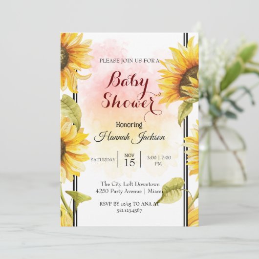 バジェットモダンひまわり赤ちゃんシャワー 招待状 (スタンド正面)