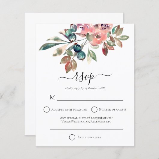バジェットモダンウォーターカラーピンク花模様ウェディングRSVP (正面/裏面)