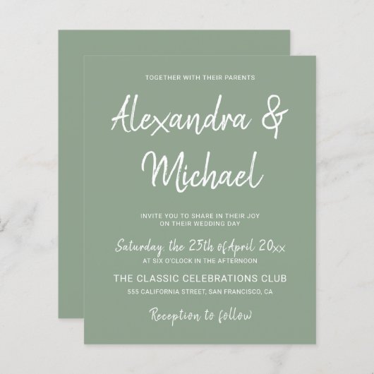 バジェットモダンオリーブグリーン結婚式招待状 (正面/裏面)
