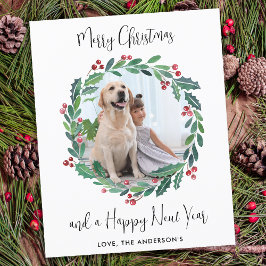 バジェットモダンクリスマスグリーンリースフォトカード