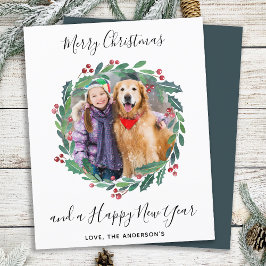 バジェットモダングリーンリースクリスマスフォトカード