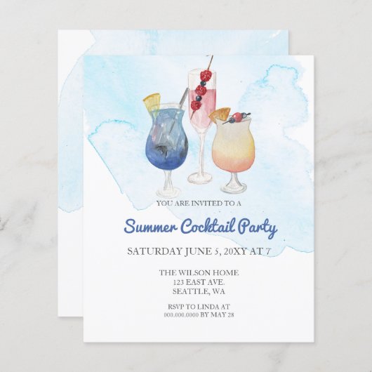 バジェットモダンサマーカクテルパーティの招待状 (正面/裏面)