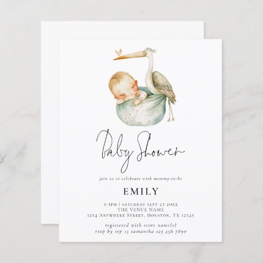 バジェットモダンスクリプトかわいいコウノトリと赤ちゃんシャワー (正面/裏面)