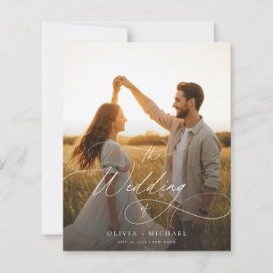 バジェットモダンスクリプト日没の写真の結婚式の招待