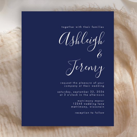 バジェットモダンスクリプトNavy Blue Wedding Invite