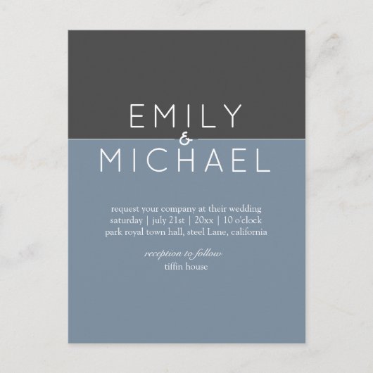 バジェットモダンスチル結婚ブルーの招待 ポストカード (正面)
