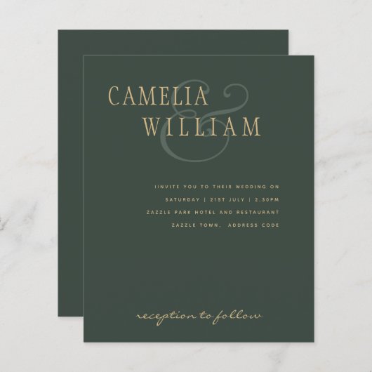 バジェットモダンズ結婚モスグリーン金ゴールド招待状 (正面/裏面)