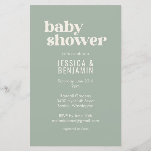 バジェットモダンセージ緑の赤ちゃんシャワー写真招待状 (正面)