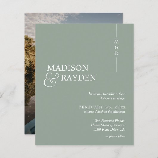 バジェットモダンセージ緑モノグラム写真結婚の (正面/裏面)