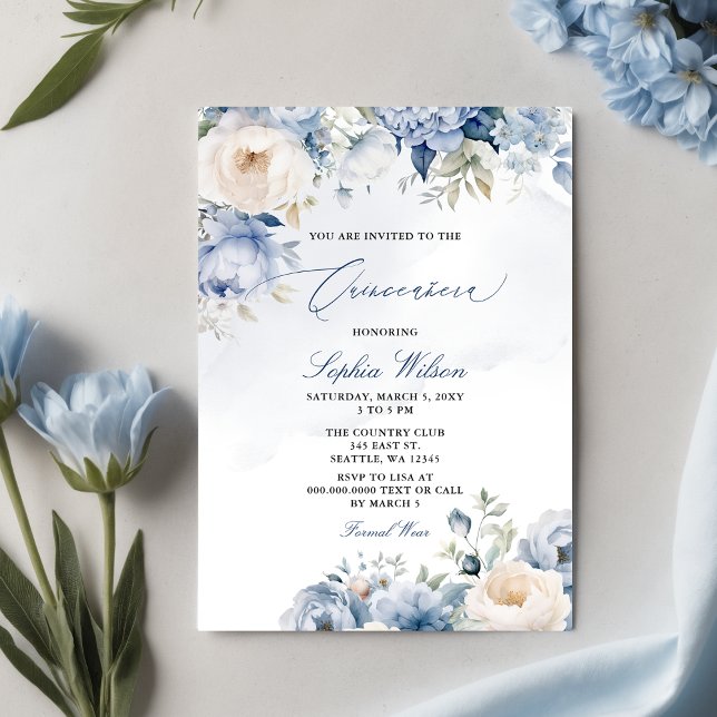 バジェットモダンダスティブルーフローラキンセアニラ (Elegant Modern Dusty Blue Floral Quinceañera Invitation)