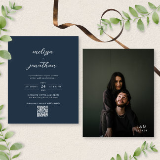 バジェットモダンネイビーブルー写真QRコード結婚ズ