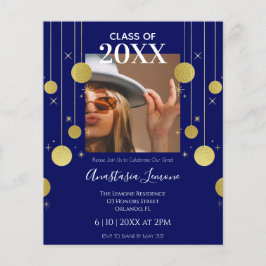 バジェットモダンネイビー&金ゴールド卒業招待状