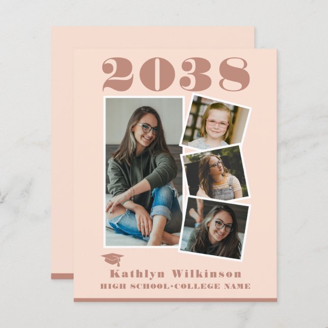 バジェットモダンバラピンク4フォトシンプル招待状 (正面/裏面)