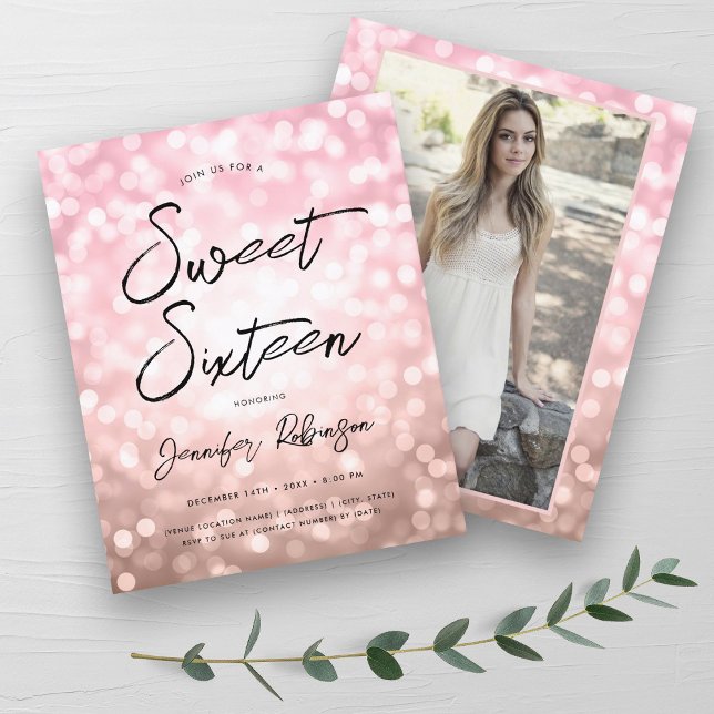 バジェットモダンバラ金ゴールドフォトスイート16招待状 (Budget Modern Rose Gold Photo Sweet 16 Invite)