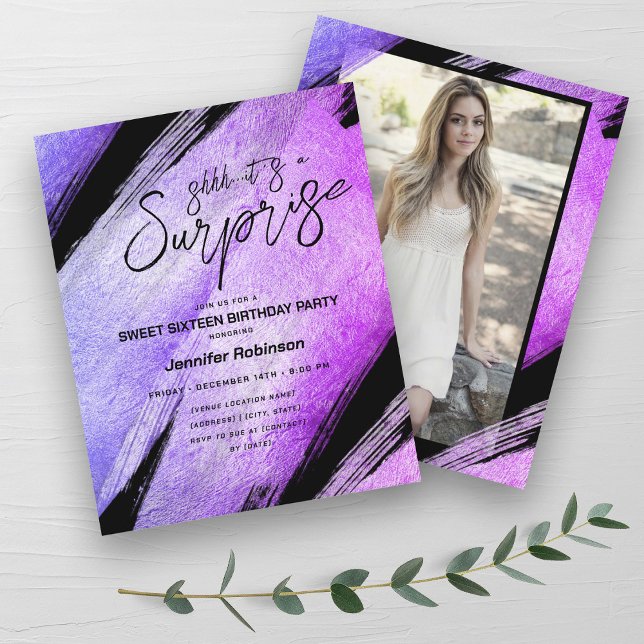 バジェットモダンパープルサプライズ甘い16招待状 (Budget Modern Purple Surprise Sweet 16 Invites )