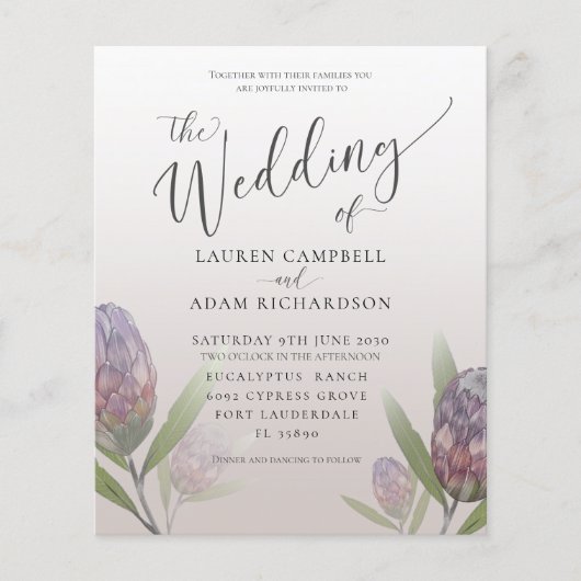 バジェットモダンパープルフローラ結婚式招待状 (正面)