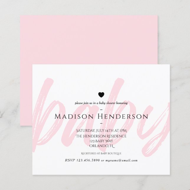 バジェットモダンピンクミニマルタイポグラフィベビーシャワー (正面/裏面)