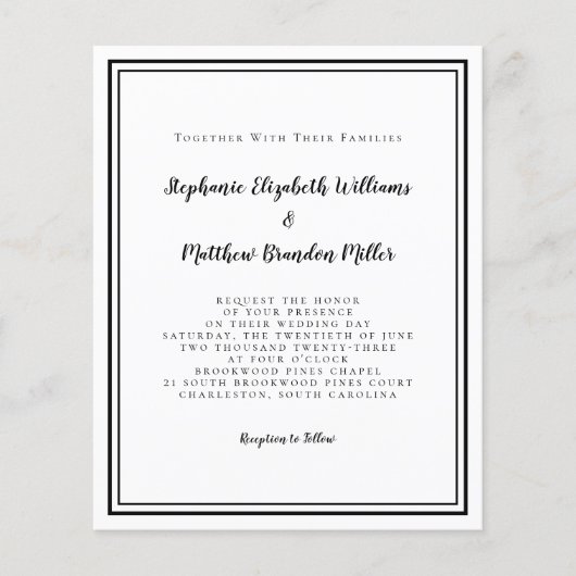 バジェットモダンブラック&ホワイト結婚式招待状 (正面)