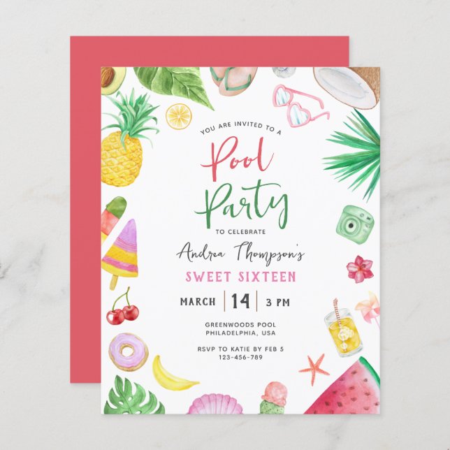 バジェットモダンプールパーティーサマースイート16誕生日 (正面/裏面)