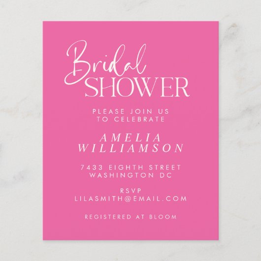 バジェットモダンホットピンクスクリプトブライダルシャワー招待状 (正面)