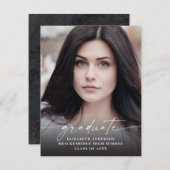 バジェットモダンホワイトスクリプト写真卒業 案内状 (正面/裏面)