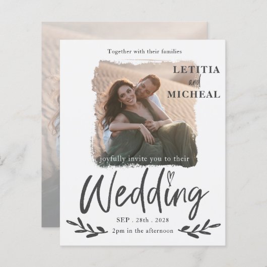 バジェットモダンホワイトフォト結婚式招待状 (正面/裏面)