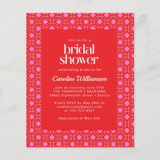 バジェットモダンミッドレッドピンク幾何ブライダルシャワー (正面)