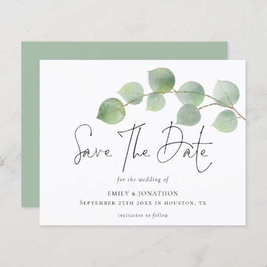 バジェットモダンユーカリ結婚式の日付を保存 (正面/裏面)