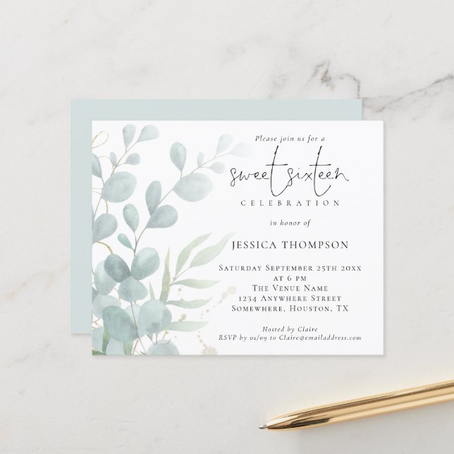 バジェットモダンユーカリSweet sixteen招待状 (正面/裏面インサイチュ)