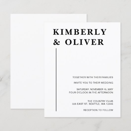 バジェットモダン白結婚式招待状 (正面/裏面)