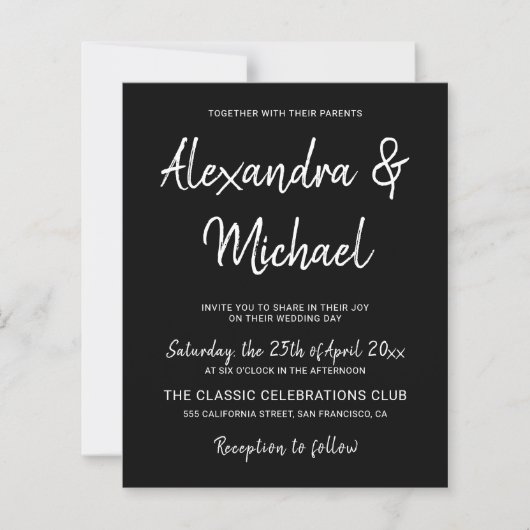 バジェットモダン白黒結婚式招待状 (正面)