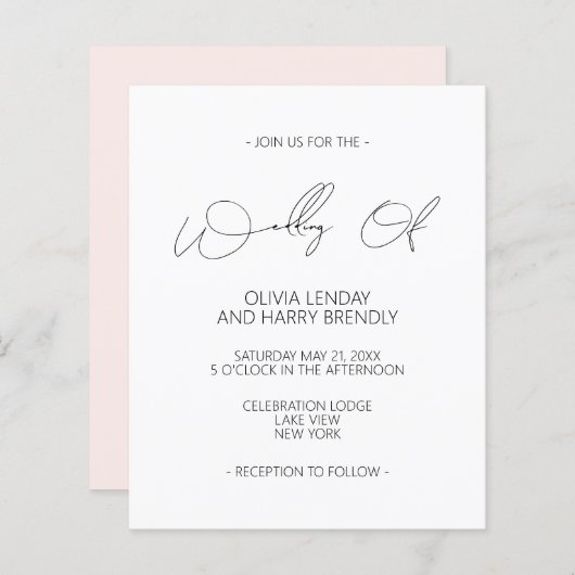 バジェットモダン赤面ピンクホワイト結婚式招待状 (正面/裏面)