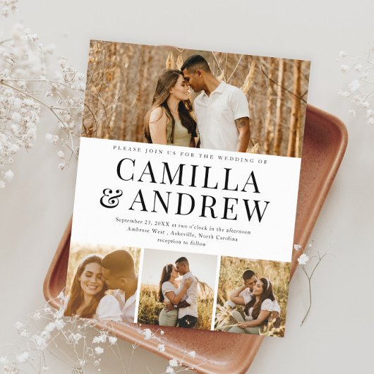 バジェットモダン4フォトエレガントなウェディング招待状