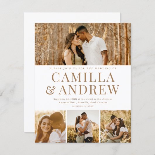 バジェットモダン4フォトエレガントなウェディング招待状 (正面/裏面)