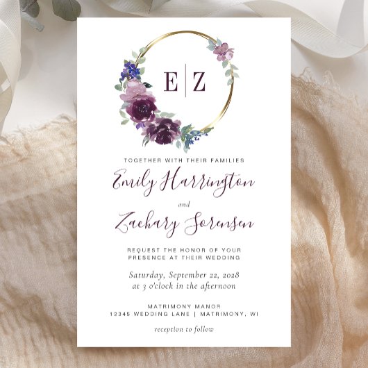 バジェットモノグラムパープルリース結婚式招待状