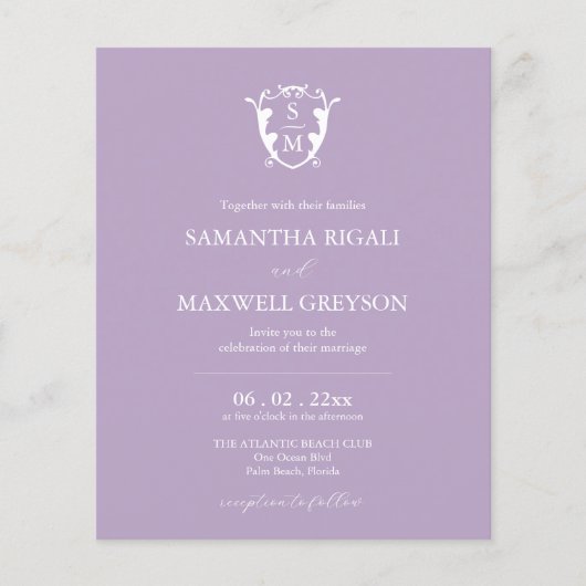バジェットモノグラム薄紫結婚式招待状 チラシ (正面)