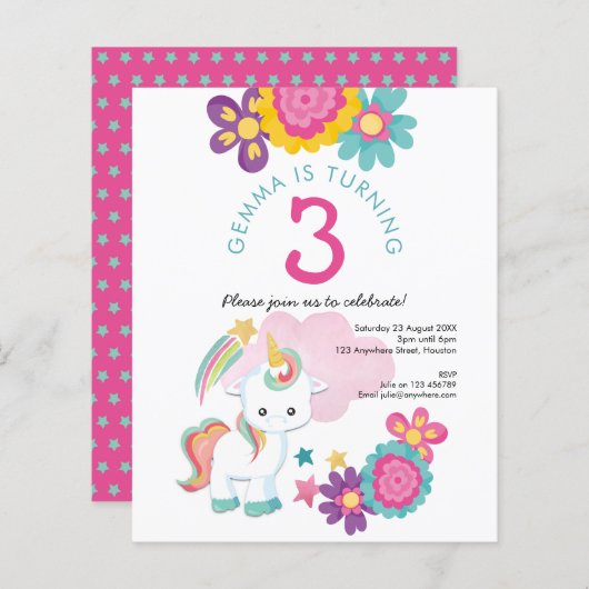 バジェットユニコーンガール3rd誕生日パーティの招待状 (正面/裏面)