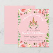 バジェットユニコーン顔フローラ誕生日招待状 (正面/裏面)
