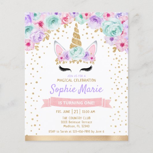 バジェットユニコーン1st誕生日ティール（緑がかった色）パープル招待状 チラシ (正面)