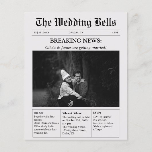 バジェットユニーク新聞写真結婚式招待状 (正面)