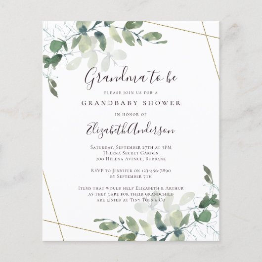 バジェットユーカリおばあちゃんベイビーシャワー招待状 (正面)