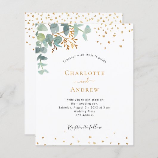 バジェットユーカリの緑の金ゴールド結婚式招待状 (正面/裏面)