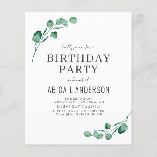 バジェットユーカリガーリーーバースデーパーティーの招待 (正面)