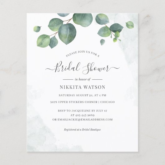 バジェットユーカリフローラブライダルシャワー招待 (正面)