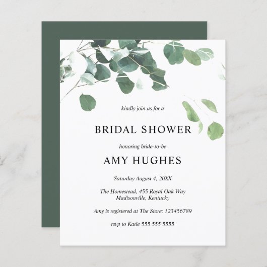 バジェットユーカリプスグリーンリーブライダルシャワー招待状 (正面/裏面)